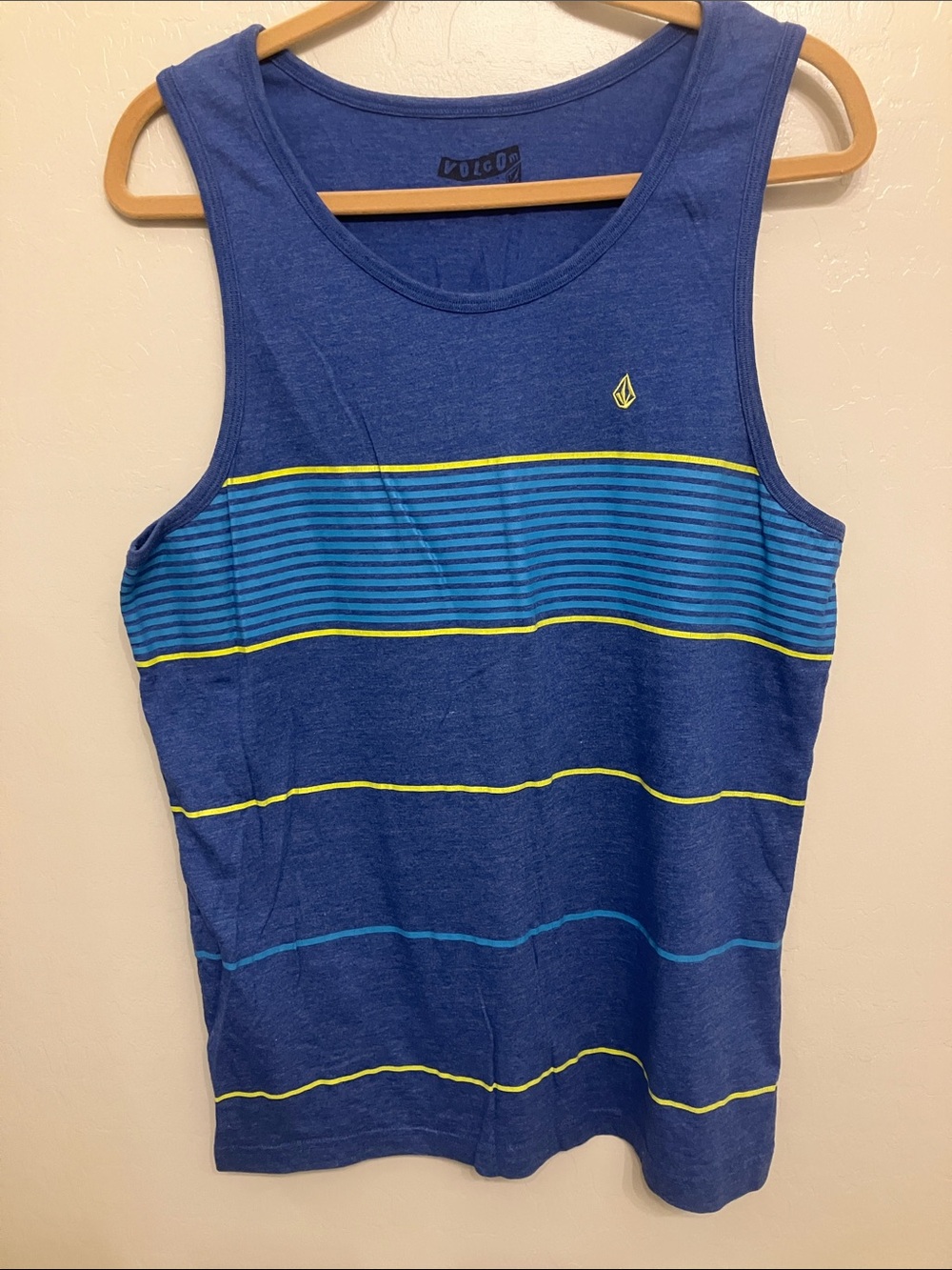 Volcom Blue and Aqua Striped Tank with Yellow Accents